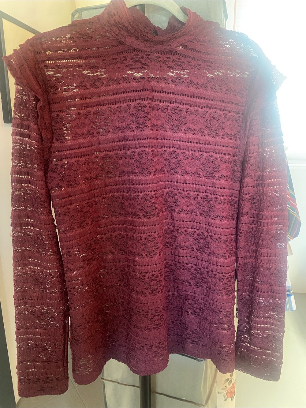 Melrose and Market Mock neck Lace-Knit Blouse
 - Burgundy